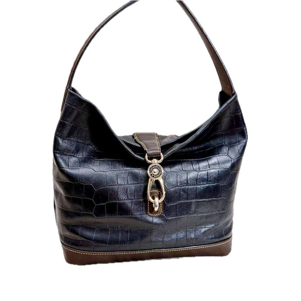 Dooney & Bourke Black Croc Embossed Leather Belvedere Logo Lock Hobo Bag Vintage